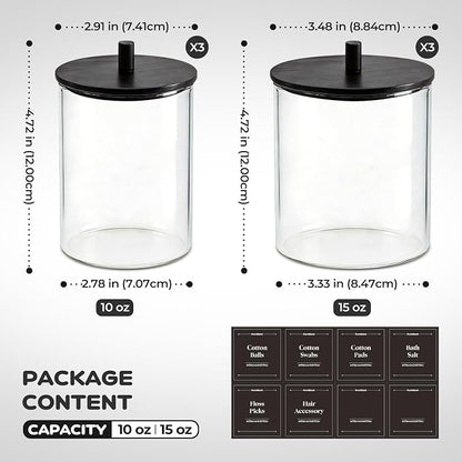 Glass Qtip Holder Dispenser Set - 15oz & 10oz Cotton Swab Holder with Black Wooden Lids, Bathroom Canisters Apothecary Jar Vanity Storage Organizer for Cotton Balls, Floss Picks (6 Pack)