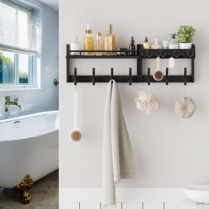 29 inch Coat Rack Wall Mount with Shelf, Set of 2 Heavy Duty Coat Hooks Wall Mount, Entryway Coat Hanger Wall Shelf with Key Holders and Mail Organizer for Living Room, Bedroom, Bathroom, Black