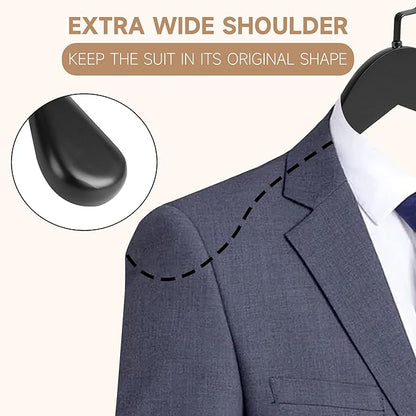 17.5" Wooden Suit Hangers with Non Slip Pants Bar, 6-Pack Wood Extra-Wide Shoulder Hangers with Flat-Head Hook for Suits, Coats, Jackets, Shirts, Pants, Heavy Clothes (Black)