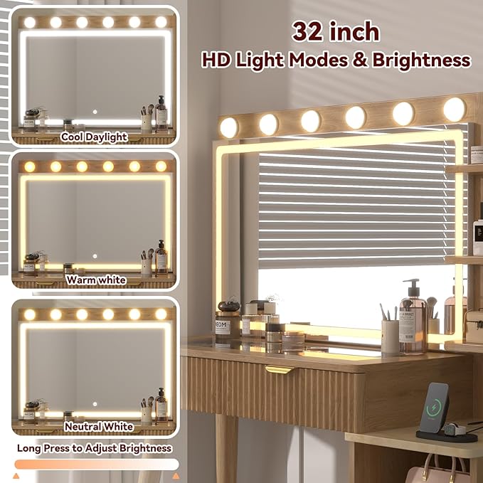 43" Fluted Makeup Vanity Desk with 32" Mirror and Lights, Modern Glass Top Large Vanity Table with 5 Drawers and 3 Storage Shelves, Dressing Table Set with Charging Station for Bedroom-Gold