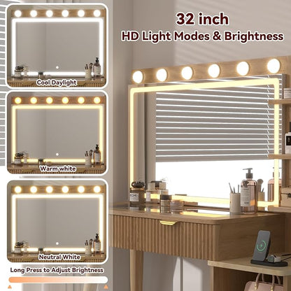 43" Fluted Makeup Vanity Desk with 32" Mirror and Lights, Modern Glass Top Large Vanity Table with 5 Drawers and 3 Storage Shelves, Dressing Table Set with Charging Station for Bedroom-Gold