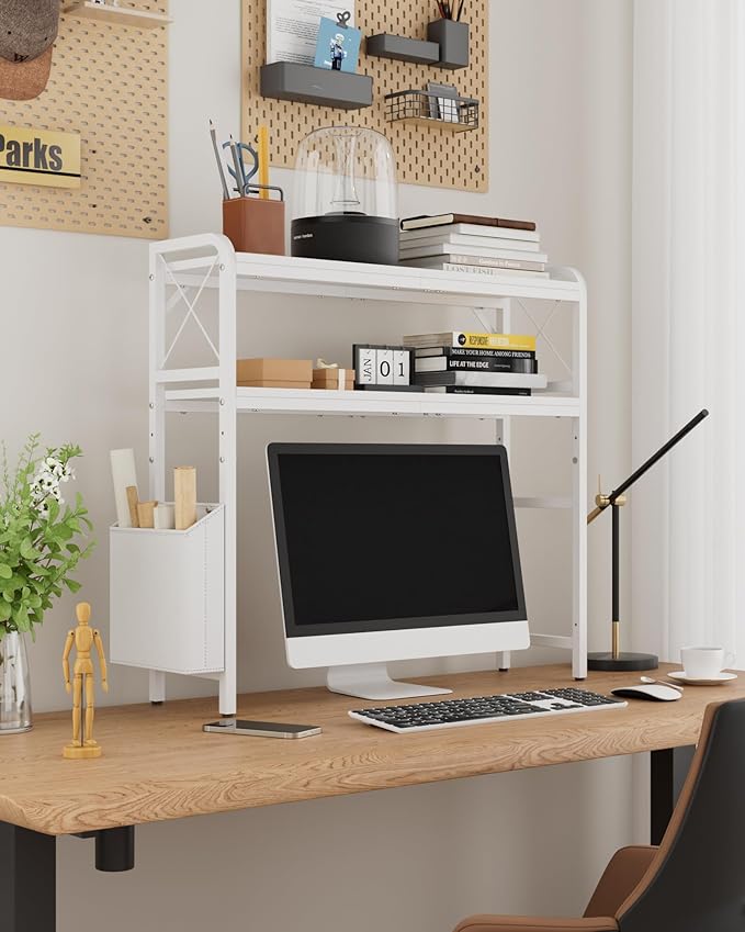 Desktop Shelves, Monitor Stand with Adjustable Shelves and Side Pockets, 2-Tier Desktop Bookshelf Organizer, Large Capacity Display Shelf Rack, Desk Hutch for Home Office, Study Room, White