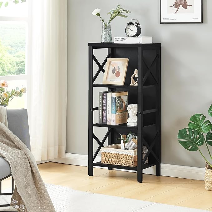 MNEETRUNG Small Bookshelf,4 Tier Industrial Bookcase with Metal Frame and Backboard,Narrow Black Book Shelf,Office Book case for Small Spaces,Living Room,Bedroom and Home Office