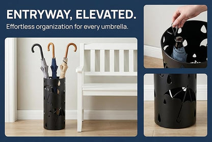 BEWBBAT Metal Umbrella Stand Rack for Entryway, Black Round Free Standing Umbrella Holder Organizer Bin with 3 Hooks for Walk Stick, Home Office Indoor, 17 x 7 Inch