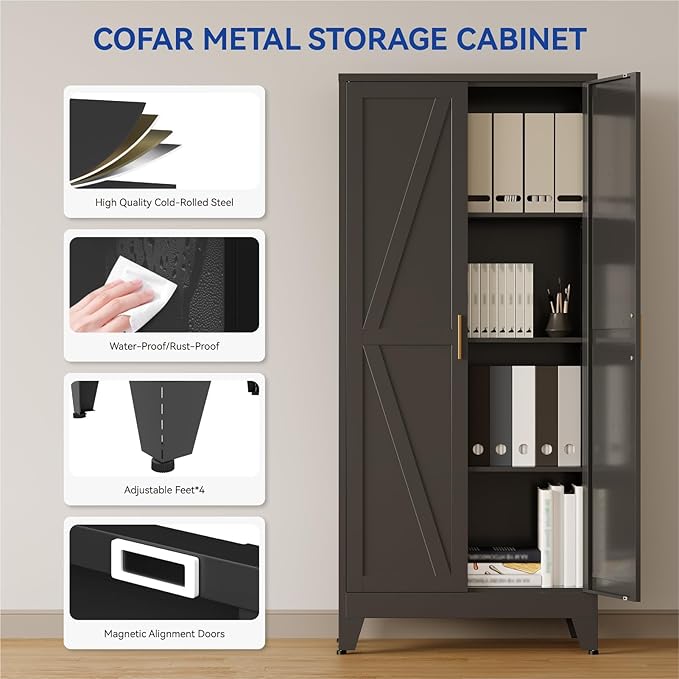 COFaR Black Metal Cabinet, 61 in Tall Metal Storage Cabinet with 3 Adjustable Shelves and Barn Doors, Farmhouse Cabinet Pantry Cupboard for Garage Office Room Kitchen Shop, Black 4 Tiers