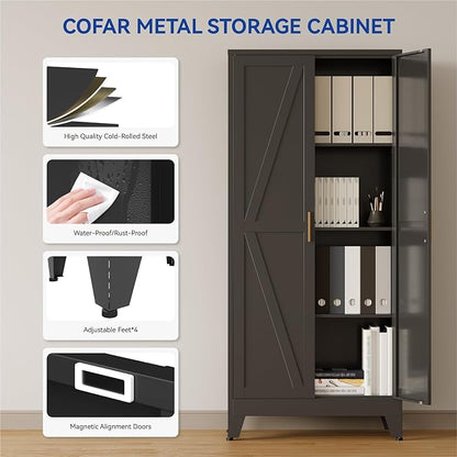 COFaR Black Metal Cabinet, 61 in Tall Metal Storage Cabinet with 3 Adjustable Shelves and Barn Doors, Farmhouse Cabinet Pantry Cupboard for Garage Office Room Kitchen Shop, Black 4 Tiers