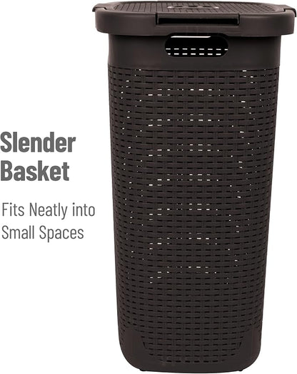 Mind Reader Slim Laundry Hamper with Lid, 60L Tall Clothes Basket, Narrow Tapered Design for Bathrooms, Closets and Laundry Rooms, Plastic, 2 Pack, Brown