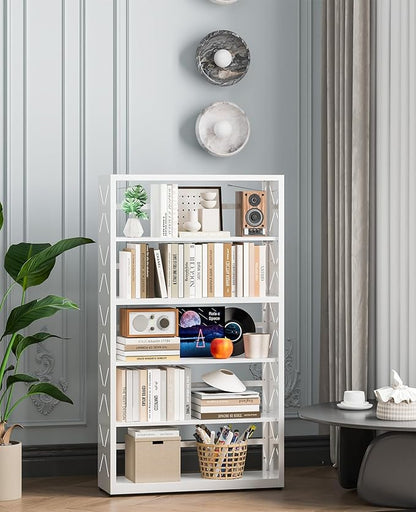 5 Tier Steel Bookshelf, Metal Bookcase with Adjustable Shelves for Home Office, Kitchen, Garage, Modern Storage Dispaly Shelves with Anti-Tip Protection, Heavy-Duty Home Storage Organizer - White