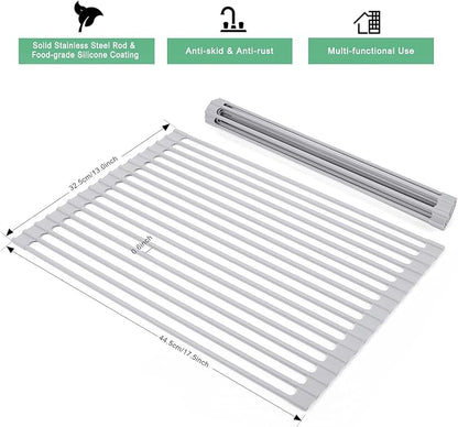 Roll Up Dish Drying Rack Over Sink, 17.5" x 13" Silicone Coated Stainless Steel Sink Drying Rack, Foldable Dish Drainer Rack for Kitchen Counter, Heat Resistant, Non-Slip, Space Saving, Gray