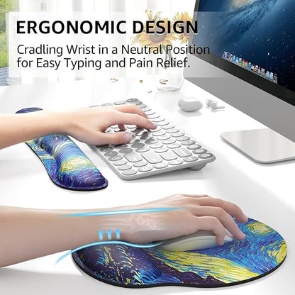 KTRIO Keyboard Wrist Rest & Mouse Pad with Wrist Rest Set, Starry Night | Memory Foam Wrist Support, Ergonomic Design, Non-Slip Base, Office and Home Use