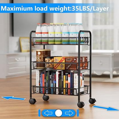 OVICAR Mesh Wire 3 Tier Rolling Cart, Kitchen Storage Utility Cart, Multifunction Basket Stand for Bathroom, Full Metal Storage Art Trolley Carts with Wheels & 4 Side Hooks (Black)