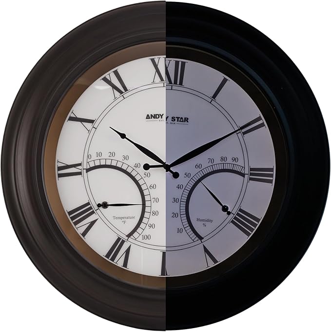 ANDY STAR 24 Inch Outdoor Clocks Waterproof,Large Outdoor Wall Clocks for Patio with Thermometer, Weatherproof Illuminated Clock Battery Operated with Thermometer&Hygrometer,Oil Rubbed Bronze Black