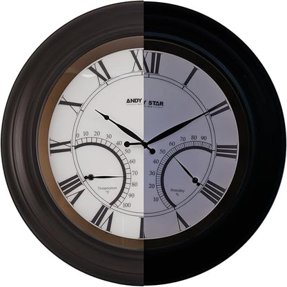 ANDY STAR 24 Inch Outdoor Clocks Waterproof,Large Outdoor Wall Clocks for Patio with Thermometer, Weatherproof Illuminated Clock Battery Operated with Thermometer&Hygrometer,Oil Rubbed Bronze Black