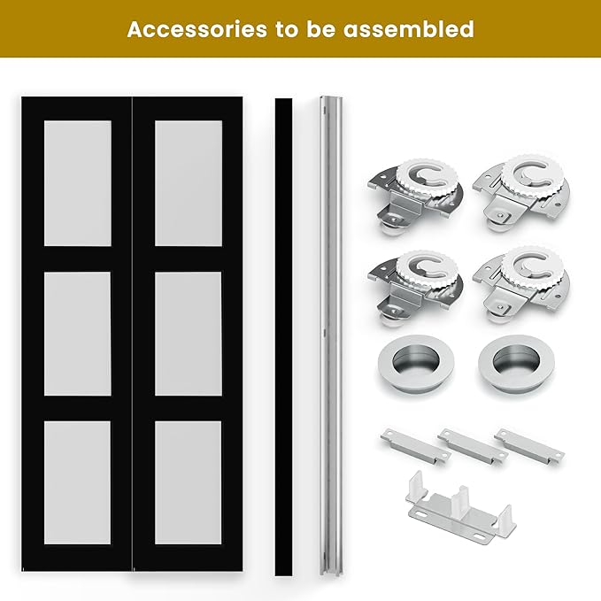 SMARTSTANDARD Bypass Sliding Closet Doors 72x80 in (Double 37in) for Bedroom, 3-Lite Frosted Glass Bypass Door with Hardware Kit Included, Preassembled Door Panel, Water-Proof PVC Surface, Black