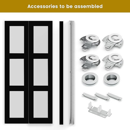 SMARTSTANDARD Bypass Sliding Closet Doors 72x80 in (Double 37in) for Bedroom, 3-Lite Frosted Glass Bypass Door with Hardware Kit Included, Preassembled Door Panel, Water-Proof PVC Surface, Black