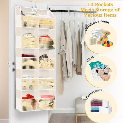 Over The Door Organizer 5 Tiers, Extra Large Behind Door Storage of 10 Compartments, 80 lbs Weight Capacity Hanging Storage Organizer with Clear Window Kids Toys, Shoes,Diapers, Braided Style