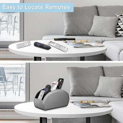 Fintie Remote Control Holder, 5 Compartments Vegan Leather TV Remoter Caddy Desktop Organizer Makeup Brush Holder Storage Fits TV Remotes, Media Controllers, Office Supplies(Silver Gray)