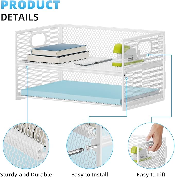 Marbrasse 2 Tier Paper Organizer Letter Tray, Mesh File Organizer with Handle, Paper Sorter Desk Organizer for Home Office Supplies - White