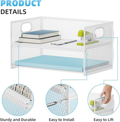 Marbrasse 2 Tier Paper Organizer Letter Tray, Mesh File Organizer with Handle, Paper Sorter Desk Organizer for Home Office Supplies - White
