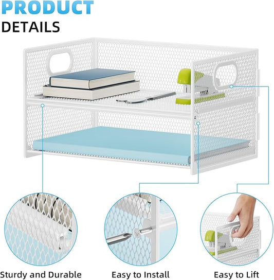 Marbrasse 2 Tier Paper Organizer Letter Tray, Mesh File Organizer with Handle, Paper Sorter Desk Organizer for Home Office Supplies - 2P White