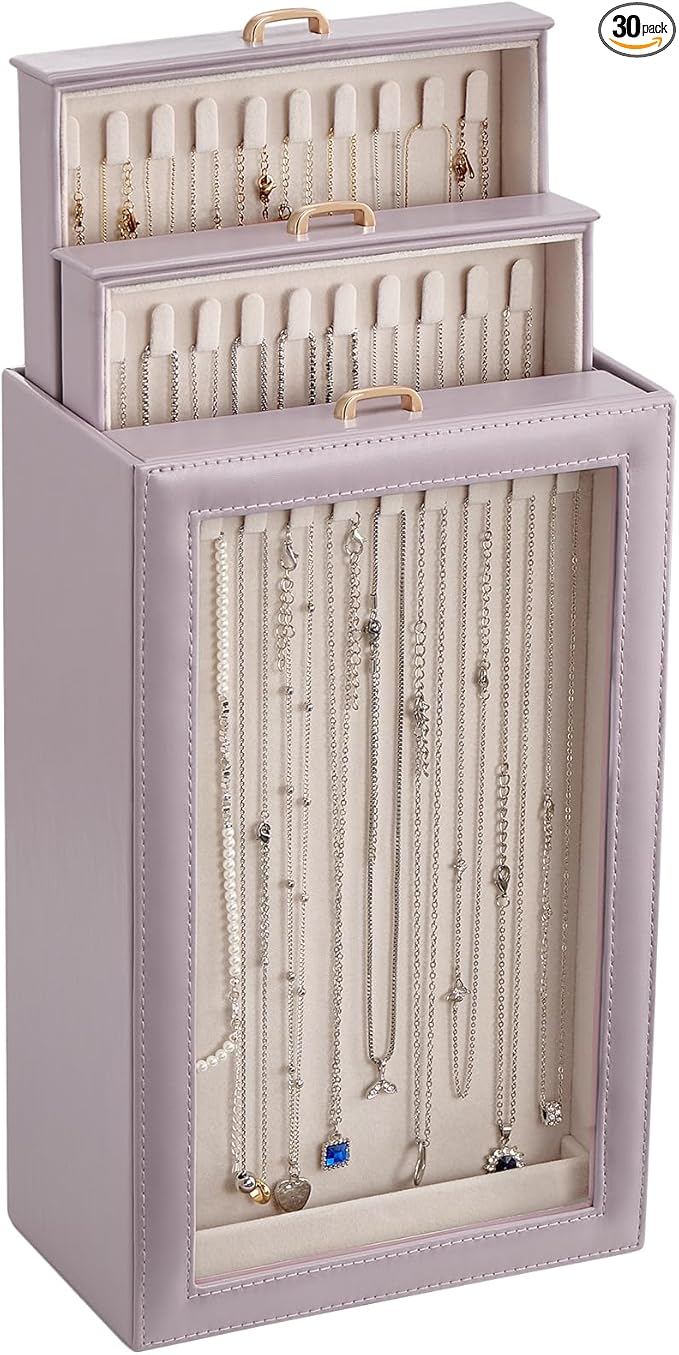 Lolalet Necklace Organizer Box, Jewelry Storage Box with Clear Window for Necklaces Bracelets, Tangle-Free Necklace Display Case for Women Girls, Dusty Purple, 3 Layers 30 Hooks