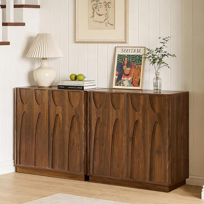 Sideboard Buffet Cabinet with Storage Set of 2, 63'' Mid Century Modern Storage Cabinet with Adjustable Shelf 4 Doors Credenza for Dining Room, Living Room, Entry (Walnut)