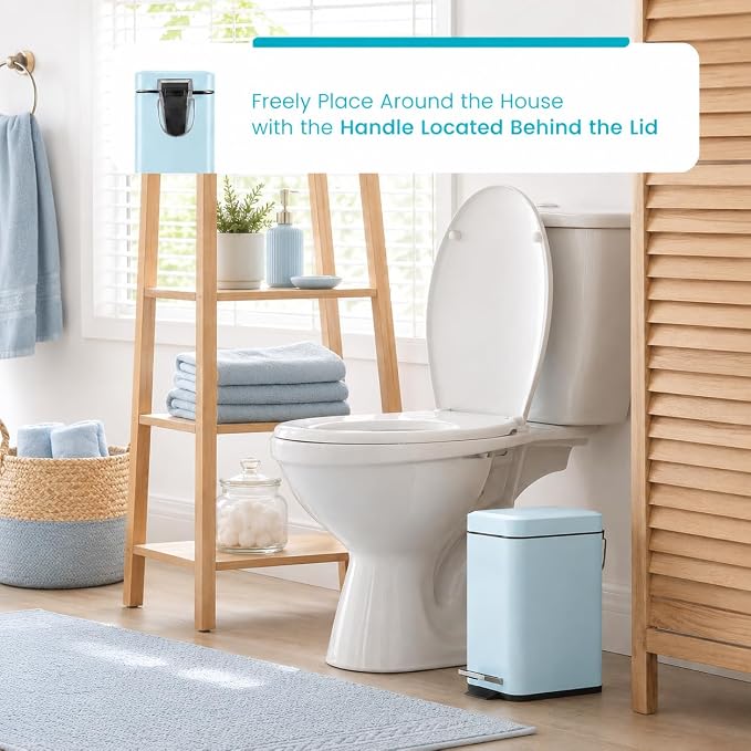 Home Zone Living 1.3 Gallon Small Bathroom Trash Can with Lid and Step Pedal, Stainless Steel Wastebasket with Slim Design for Home and Office, Matte Powder Blue, 5 Liters