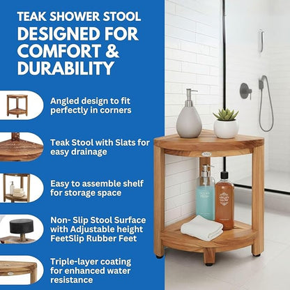 EcoDecors Fully Assembled SnazzyCorner® 18" Teak Shower Bench, Corner Shower Stool, w Shelf in Earthy Teak Finish, Compact Fit for Small Bathrooms & Walk-in Showers – Slip-Resistant Feet, Sauna Bench