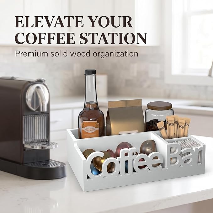 Coffee Bar Organizer for Countertop – Wooden Coffee Station Caddy with Compartments for Pods, Condiments, Tea, and Accessories – Home and Office Mini Coffee Station Organizer (White)