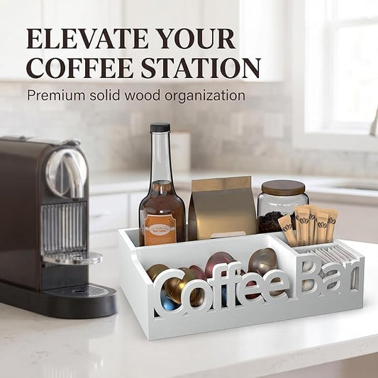 Coffee Bar Organizer for Countertop – Wooden Coffee Station Caddy with Compartments for Pods, Condiments, Tea, and Accessories – Home and Office Mini Coffee Station Organizer (White)
