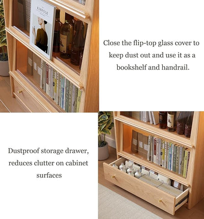 73" H Tall Solid Wood Bookcase with Flip-Up Tempered Glass Doors and 3 Color Led Lights,4 -Tier Wooden Bookshelf with 1 Drawer,Display Cabinet Kitchen Pantry for Living Room,Office