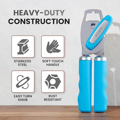 Zulay Kitchen Heavy Duty Stainless Steel Can Opener Manual with Bottle Opener - Rust Proof Manual Can Opener With Turn Knob & Comfy Soft Grip Handles - Aqua