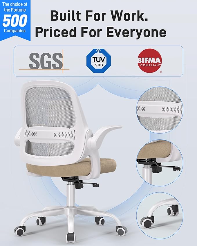 Ergonomic Mesh Office Chair for Home Office, Flip-Up Arms, Breathable Mesh Back & Thick Seat Cushion, Swivel Rolling Computer Desk Chair – BIFMA Certified, Supports 300 lbs (White Frame/Beige Seat)
