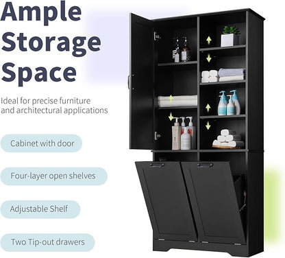 Merax Cabinet with Tilt-Out Laundry Hamper Basket, Tall Bathroom Storage Organizer Linen with Open Shelf for Home, Freestanding, Black