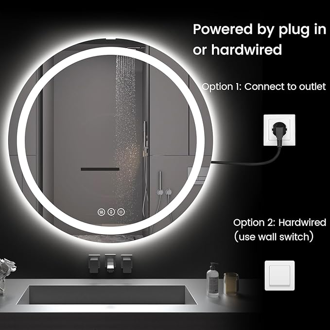 Round LED Bathroom Mirror with Lights, Backlit & Front Lighted, Wall-Mounted Vanity Mirror 3000K/4000K/6000K, Memory Functions, Anti-Fog, Dimmable Smart Mirror (Round 30" x 30")