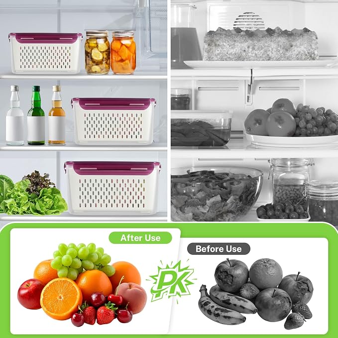 Fruit Storage Containers with Vent Holes and Colander - 4 Pack, BPA-Free Clear Plastic Food Storage Boxes with Airtight Lids for Refrigerator Fridge Vegetable Produce Organizer - Purple