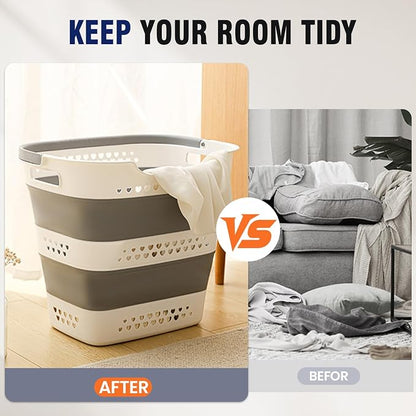 Collapsible Plastic Laundry Basket Hamper with Handles, Large 42L Portable Rubber Clothes Basket, Pop Up Storage Container/Organizer for Washing & Storage, Grey