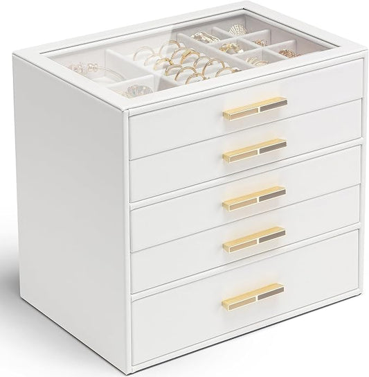 VLANDO 5 Layer Jewelry Box for Women, Glass Lid Jewelry Organizer with 5 Drawers for Necklaces Rings Earrings Bracelets - White