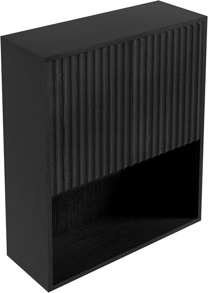Fluted Bathroom Wall Cabinet Over The Toilet Storage,Wall Mounted Cabinet with Adjustable Shelf,Floating Cabinet Organizer Hanging Cabinet,Kitchen and Laundry Room Cabinets (Black, 1 PC)