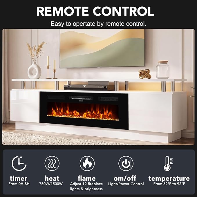 90" TV Stand for Living Room, Large Entertainment Center & Media Console, Fits TVs up to 100", Storage Cabinet with Shelves, 50" Electric Fireplace, White & Black