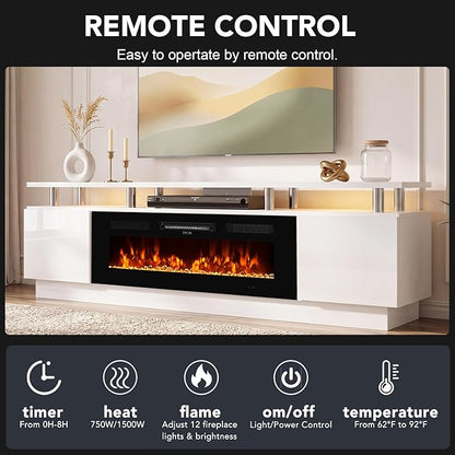 90" TV Stand for Living Room, Large Entertainment Center & Media Console, Fits TVs up to 100", Storage Cabinet with Shelves, 50" Electric Fireplace, White & Black
