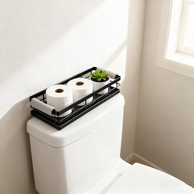 Toilet Paper Storage Basket, 13 Inch Wood and Iron Toilet Tank Basket with Grip for Bathroom Tank Topper, Fragrance Cosmetics toiletries Bath Bottles Counter Decoration Tray (Black)