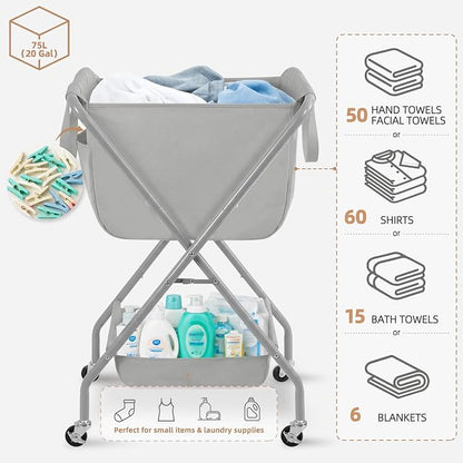 STORAGE MANIAC Collapsible Laundry Cart with Wheels 35.6"H Removable Canvas Bag Rolling Laundry Hamper Clothes Basket with Wheels, Sturdy Steel Frame Folding for Small Narrow Space Easy Storage, Grey