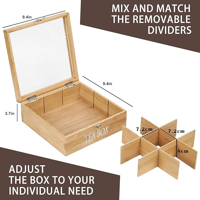Tea Box Organizer,Decorative Tea Storage,BambooTeas Bag Holder Organizer,Modern Teas Organizers and Storage with 9 Compartments for Coffee,Tee & Sugar Pods,Packets & More