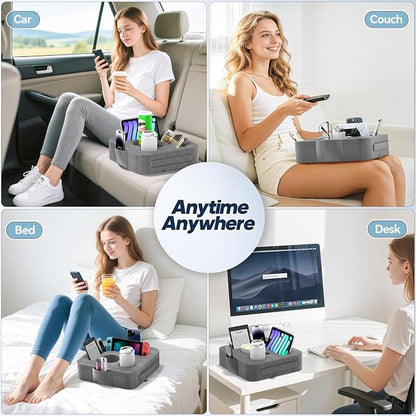Couch Cup Holder Pillow, Sofa and Bed Caddy for iPad, Kindle, Switch, Game Controller, Remotes, Phones, Small-Sized Cup & Drink Holder for Couch, Bed, Desk, Car, Beach, Bathroom Cup Holder, Deep Gray