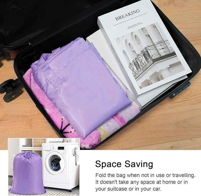 Polecasa 2 Pack Extra Heavy-Duty Laundry Bag 28x36”- Machine Washable Large Storage Bag with Reinforced Handles & Drawstring Closure & ID Tag for College Dorm Travel -Purple