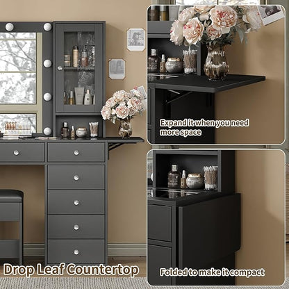 Vanity with Power Outlet, Vanity Desk with Mirror and 10 LED Lights, Makeup Vanity with 12 Drawers and 2 Cabinets, Fold-up Panel, Glass Top Dressing Table with Chair for Bedroom, Black