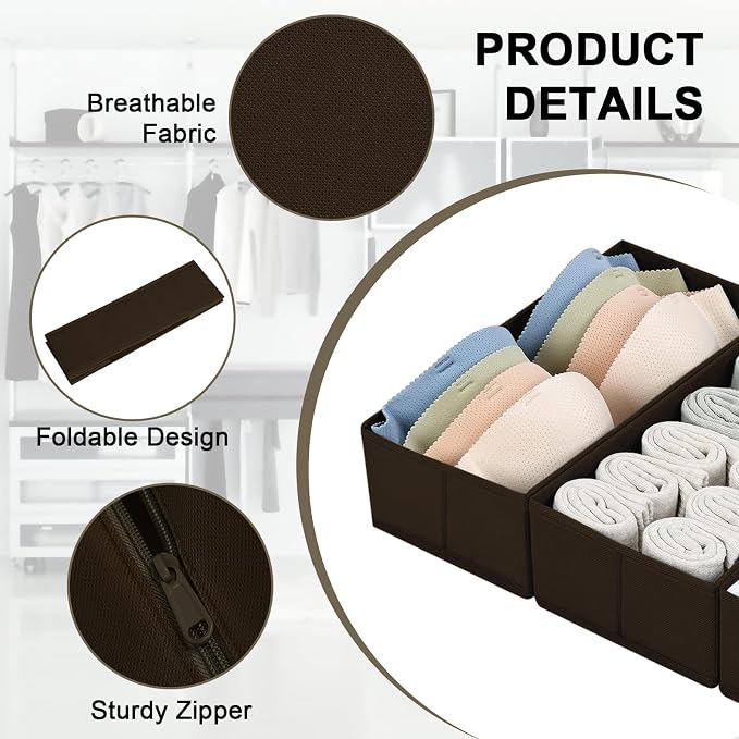 DIMJ Drawer Organizer Clothes, Underwear Drawer Organizer, Set of 4 Foldable Closet Drawer Bins, Fabric Drawer Dividers for Baby Clothes, Socks, Belt, Tie (Brown)