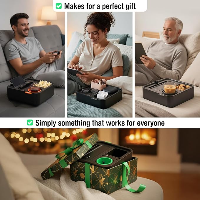 CouchConsole Original Tray - Drinks & Snacks Sofa Caddy with Armrest, Table with Phone Stand- TV Remote Control Storage and Organizer - for Living Rooms, RV, and Cars, Black/Green