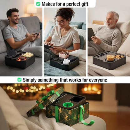 CouchConsole Original Tray - Drinks & Snacks Sofa Caddy with Armrest, Table with Phone Stand- TV Remote Control Storage and Organizer - for Living Rooms, RV, and Cars, Black/Green